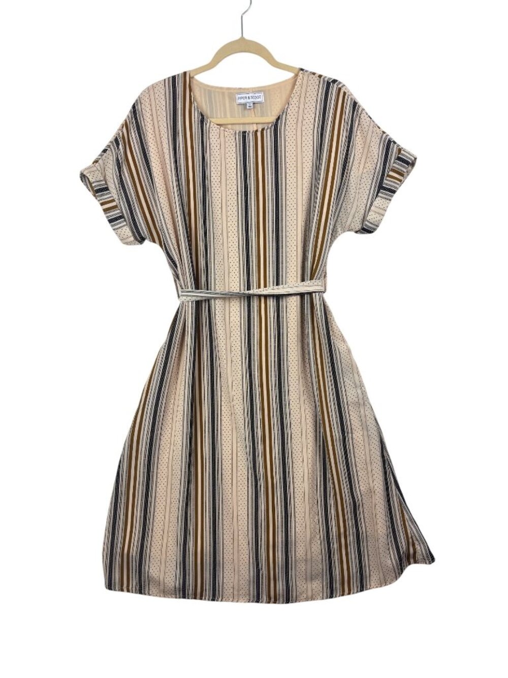 ✨3/$30 Piper & Scoot L Striped Short Sleeve Belted Midi Dress